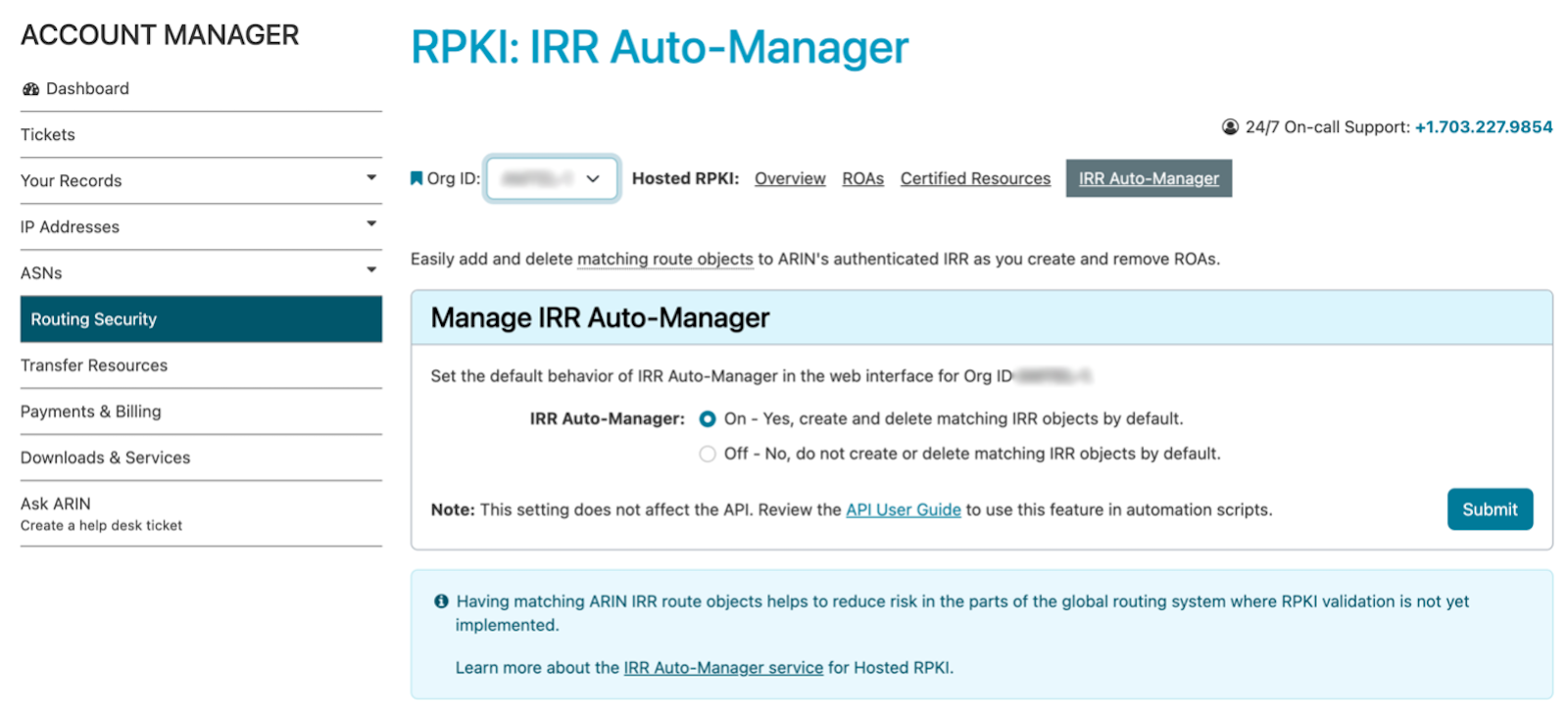 Screenshot of the RPKI:IRR Auto-Manager in ARIN Online