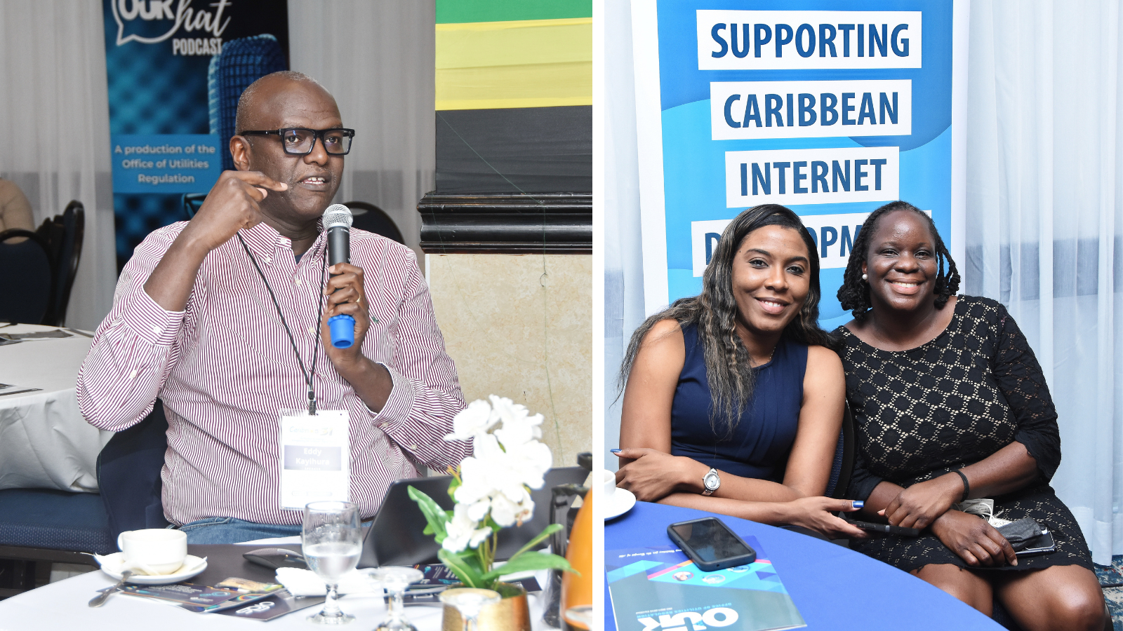 Eddy Kayihura at CaribNOG 31; CaribNOG 31 attendees in front of the ARIN ‘Supporting Caribbean Internet Development’ banner