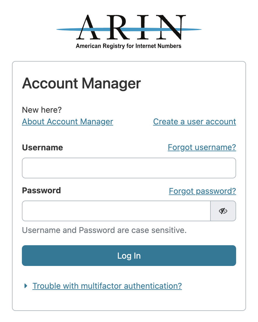 ARIN Online log in screen