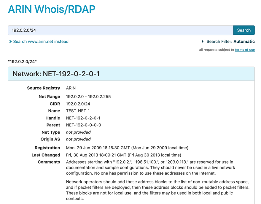 Screen capture of WHOIS inquiry of suspect IP address.