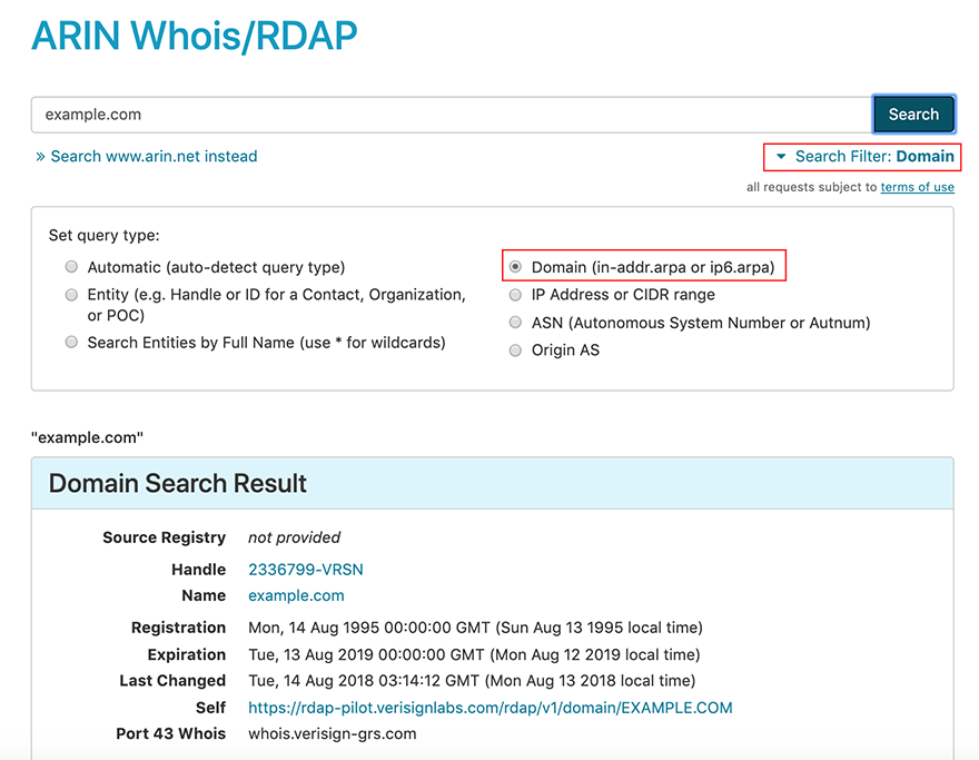 The results of a Whois lookup on the IP address of the Web servers